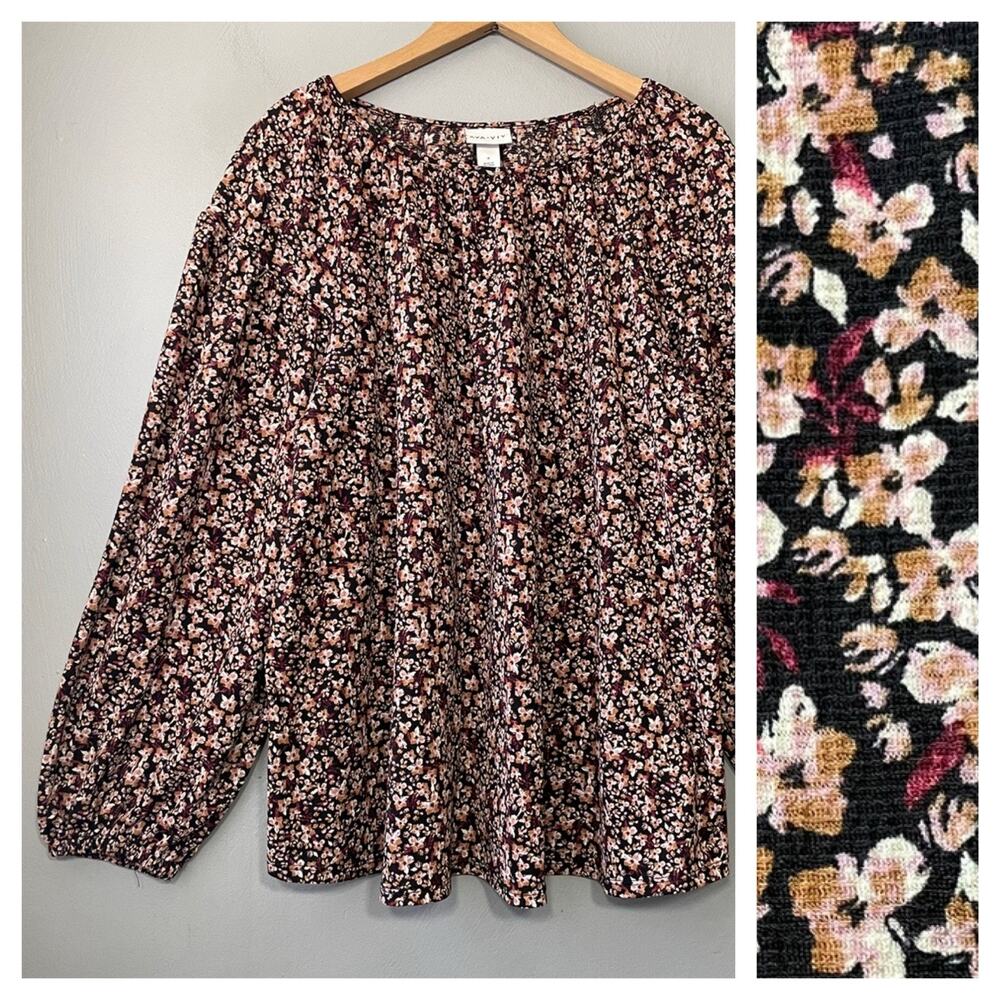 Ava & Viv Plus Size X Black Ditzy Rose Floral Peasant Top Boho Romantic Western